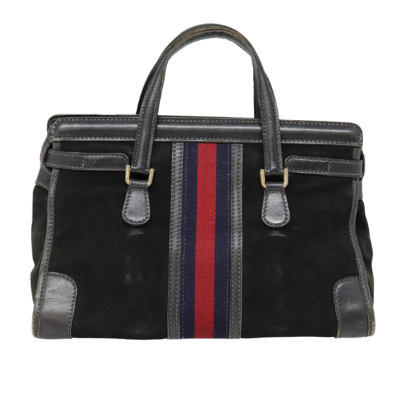 GUCCI Sherry Line Hand Bag Suede Leather Navy Red gold Auth yk14885 - Picture 2 of 16